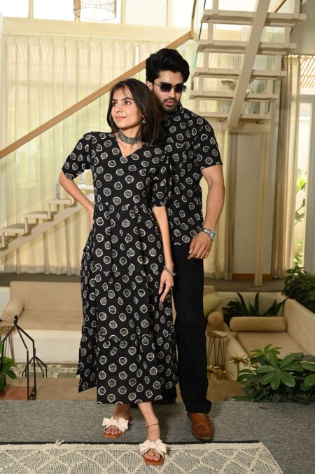Couple Matching Black Cotton Anarkali Midi Dress and Shirt Set ? Vertical Vine Block Print